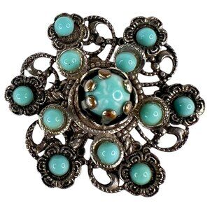 Vintage 1950s Silver Filigree Design Simulated Faux Turquoise Cabochon Brooch‎